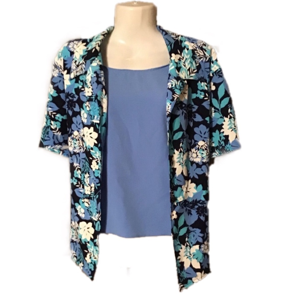 CB Causal Blue White Floral Mock Button Women’s Cardigan Large